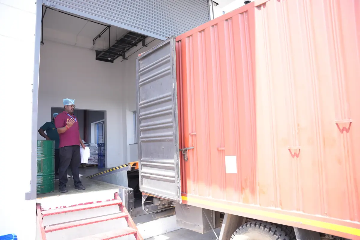 A container being loaded for export at the Lux Chennai facility